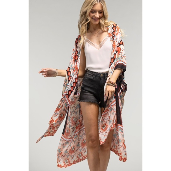 Peach Diamond Printed Cream Floral Kimono Wrap Coverup Top Women's Summer - Picture 1 of 4